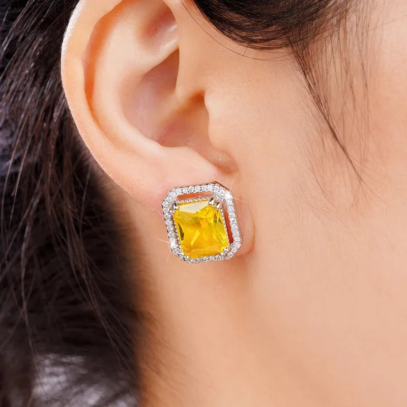 Huitan Geometric Stud Earrings with Yellow Cubic Zirconia Trendy Luxury Bright Color Earrings for Women Temperament Lady Jewelry