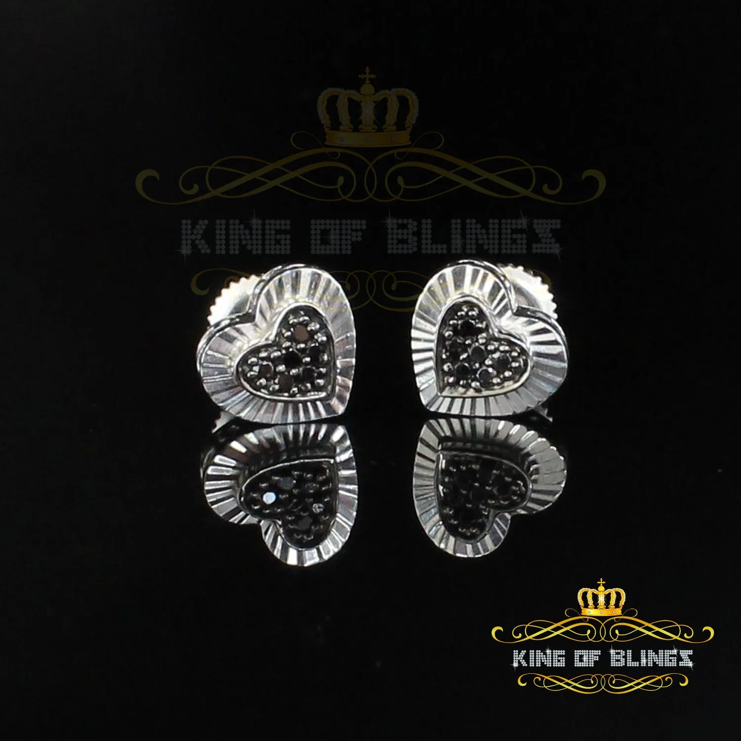 King Of Bling's Heart 925 White Silver 0.12ct Black Diamond Women's /Men's Fashion Earrings