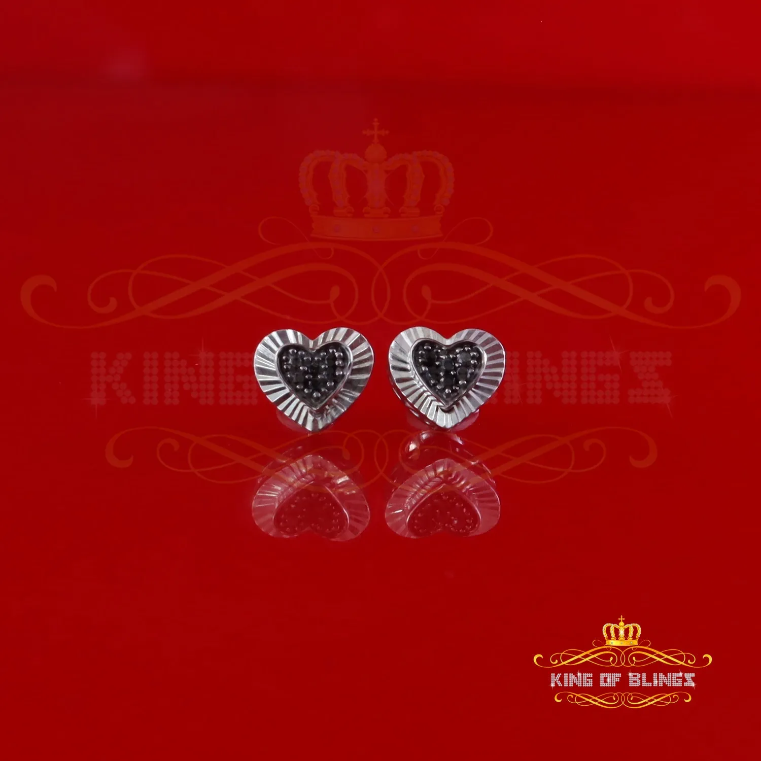 King Of Bling's Heart 925 White Silver 0.12ct Black Diamond Women's /Men's Fashion Earrings