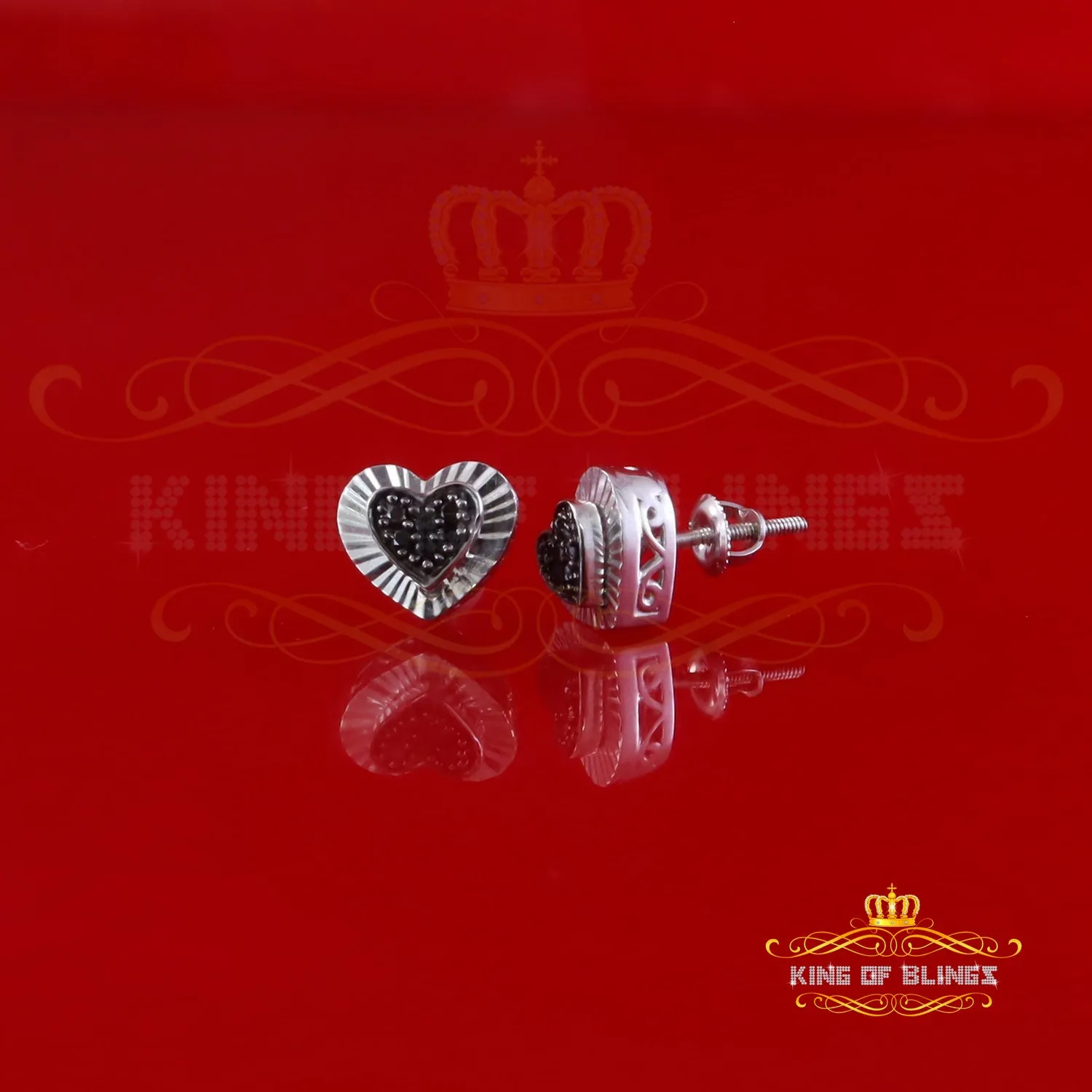 King Of Bling's Heart 925 White Silver 0.12ct Black Diamond Women's /Men's Fashion Earrings