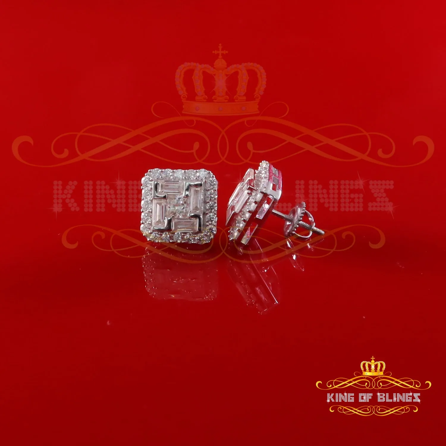 King of Bling's New Men's White 925 Silver 1.66ct VVS D Moissanite Square Stud Women's Earring