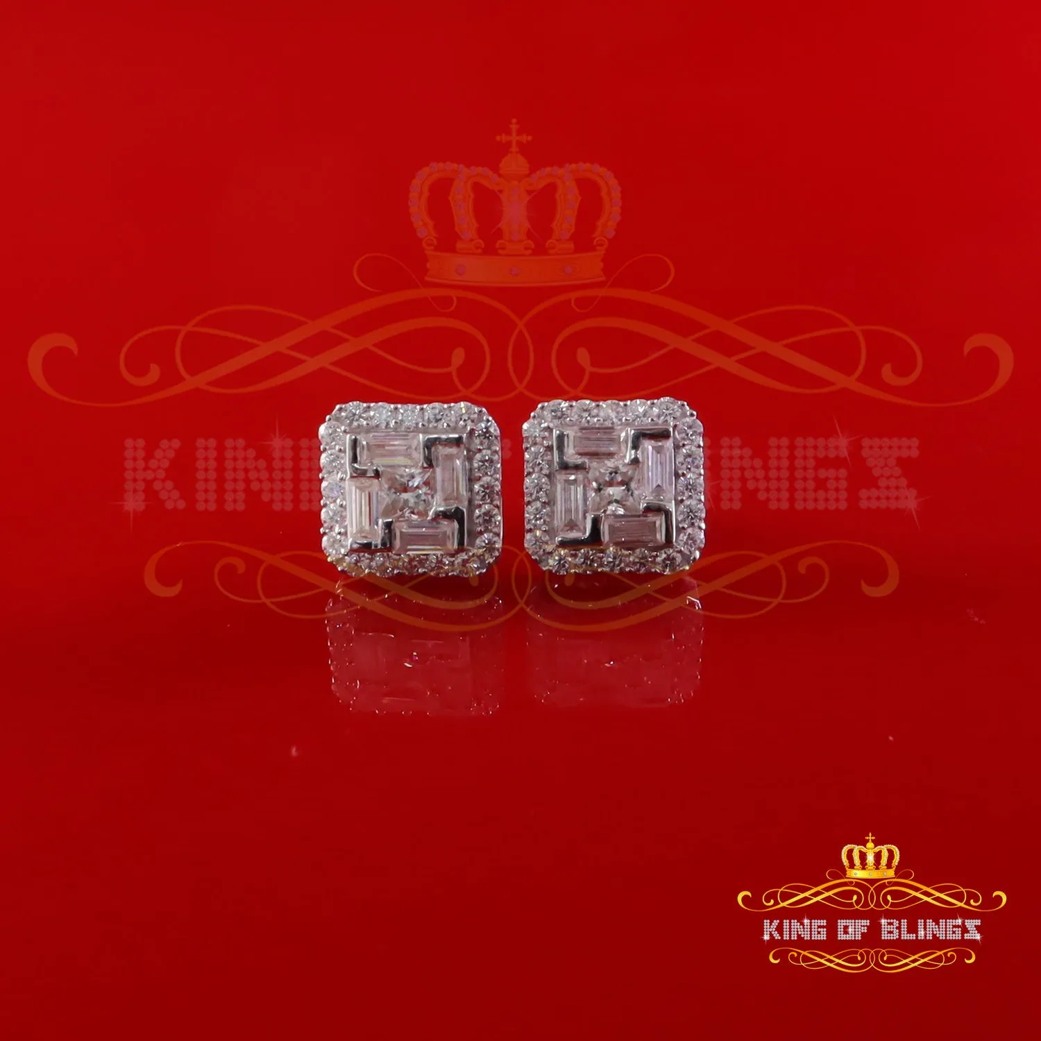 King of Bling's New Men's White 925 Silver 1.66ct VVS D Moissanite Square Stud Women's Earring