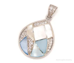 Large Vintage Mother Of Pearl Cubic Zirconia Sterling Silver Pendant