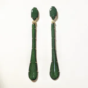 Long Emerald Green, Gold and Diamond Earrings