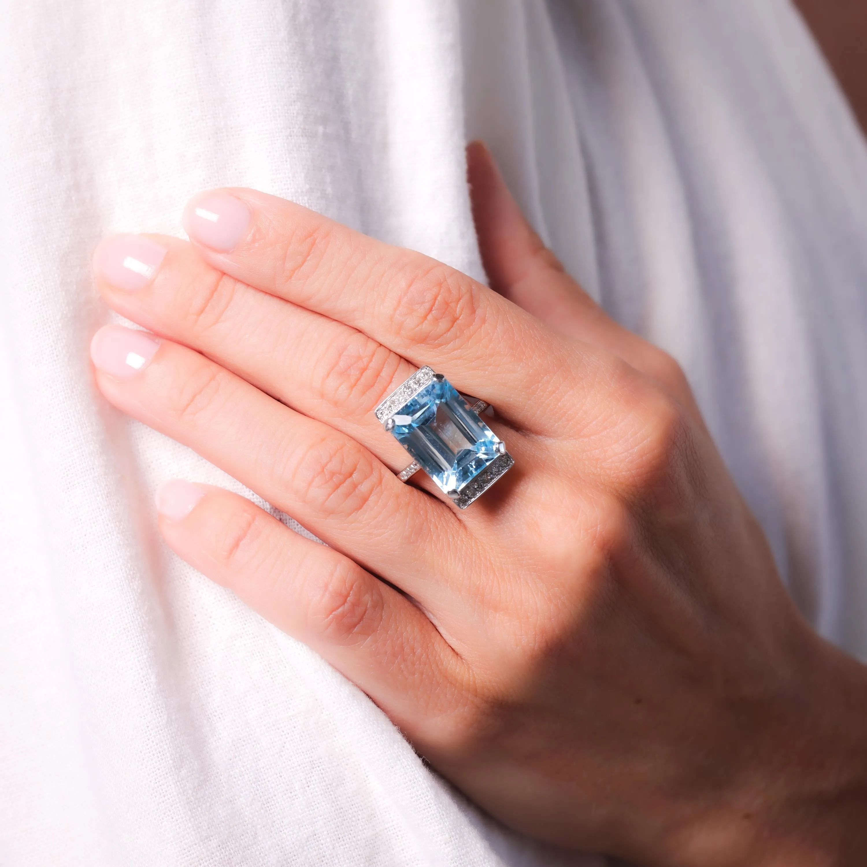 Mid Century French 12 Carat Aquamarine Diamond 18K White Gold Cocktail Ring