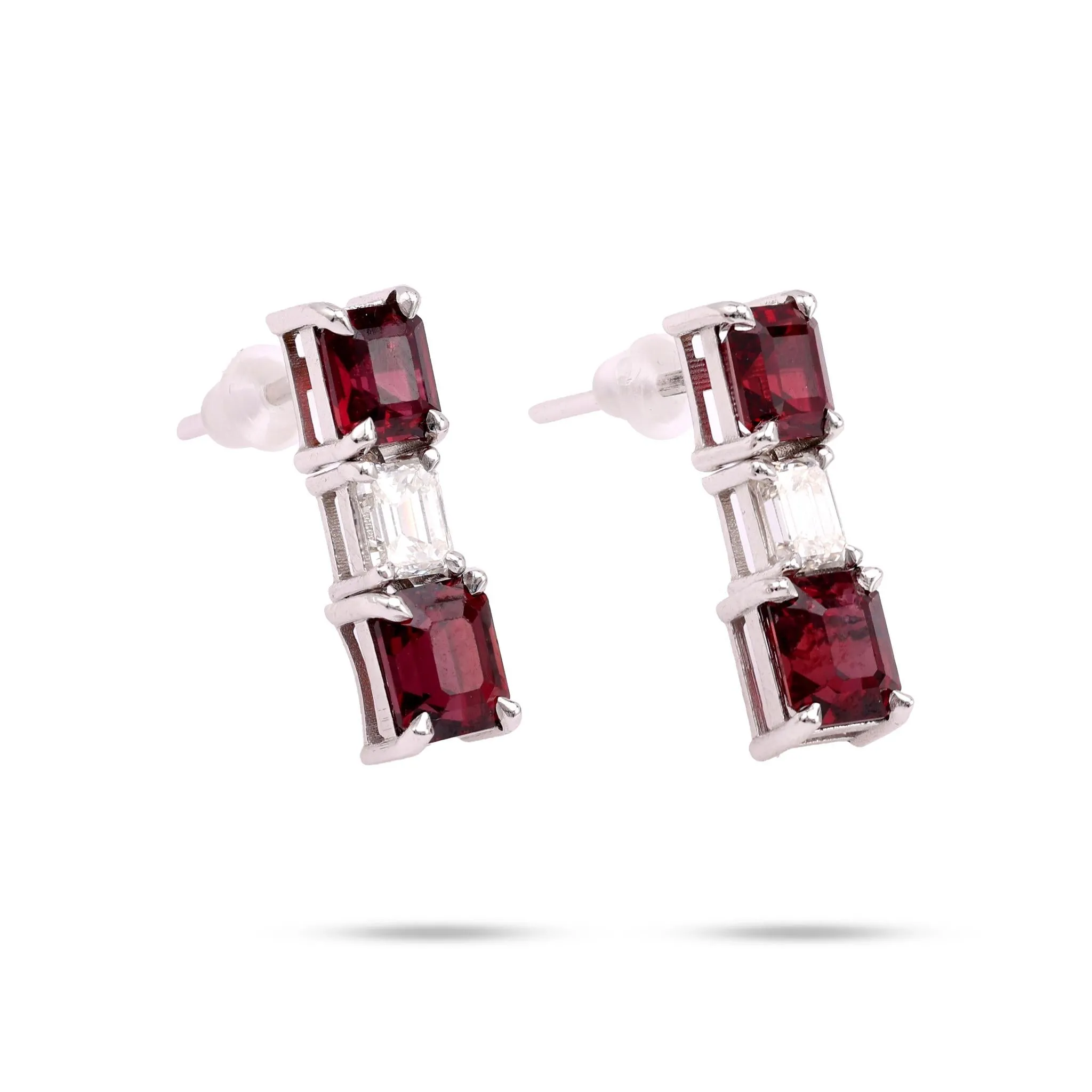 Modern 3.7 Carat Emerald Cut Ruby Diamond 14K White Gold Earrings