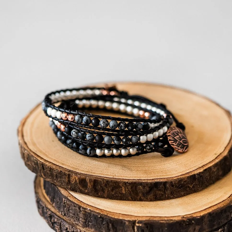 Modern Boho Mixed Jasper & Hematite Black Leather Wrap Bracelet