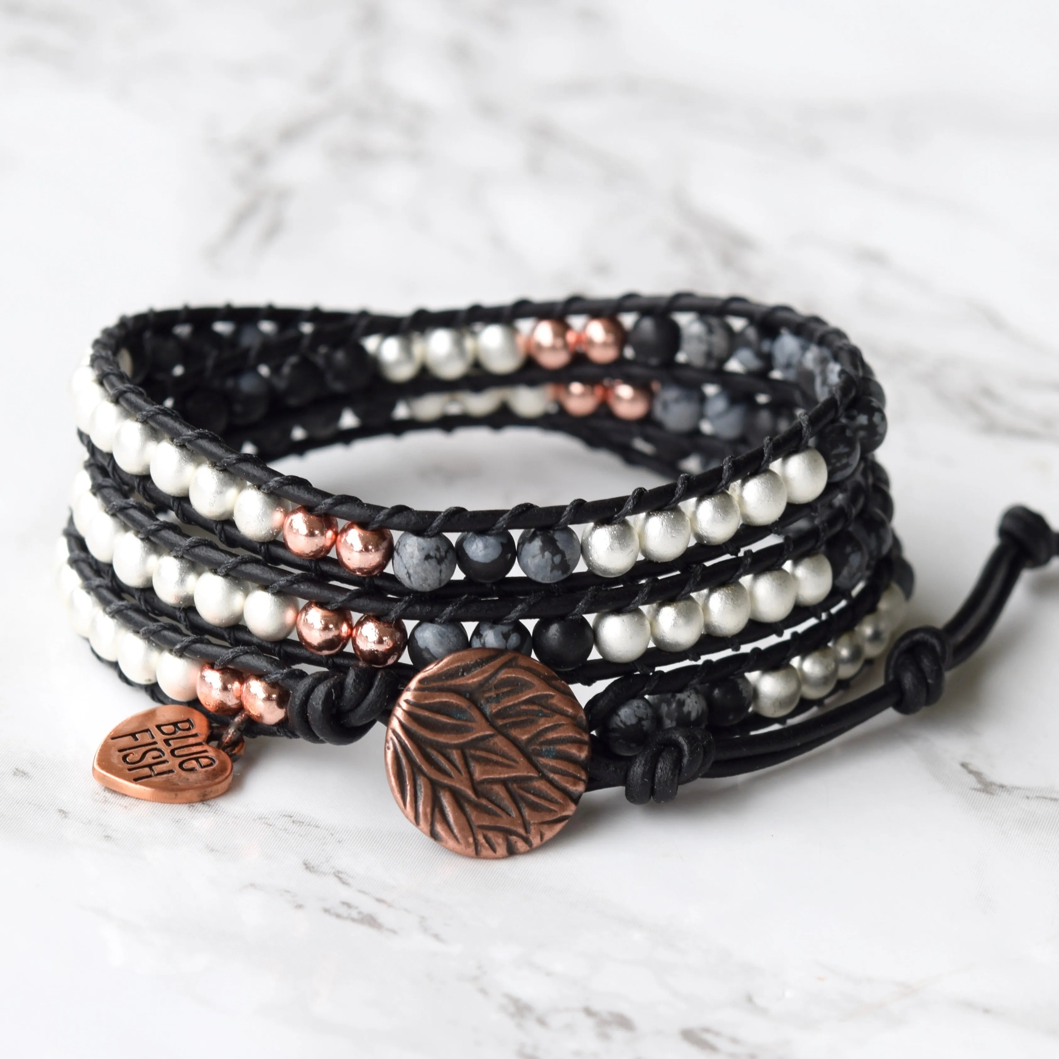 Modern Boho Mixed Jasper & Hematite Black Leather Wrap Bracelet