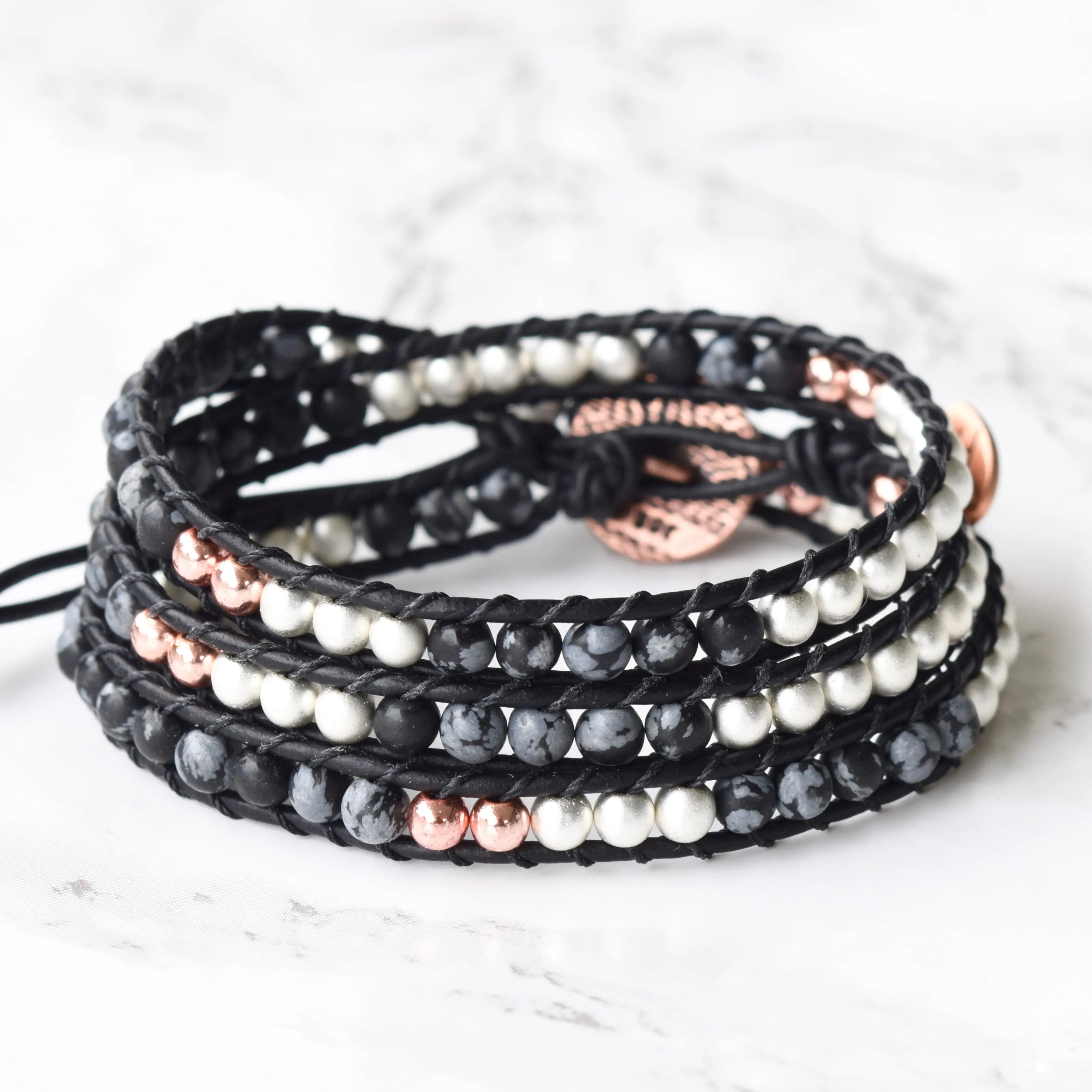 Modern Boho Mixed Jasper & Hematite Black Leather Wrap Bracelet