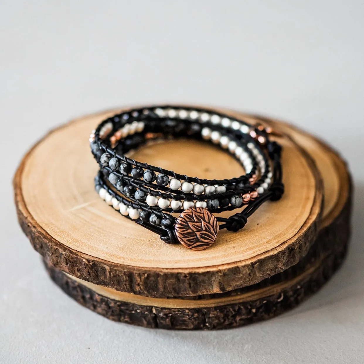 Modern Boho Mixed Jasper & Hematite Black Leather Wrap Bracelet