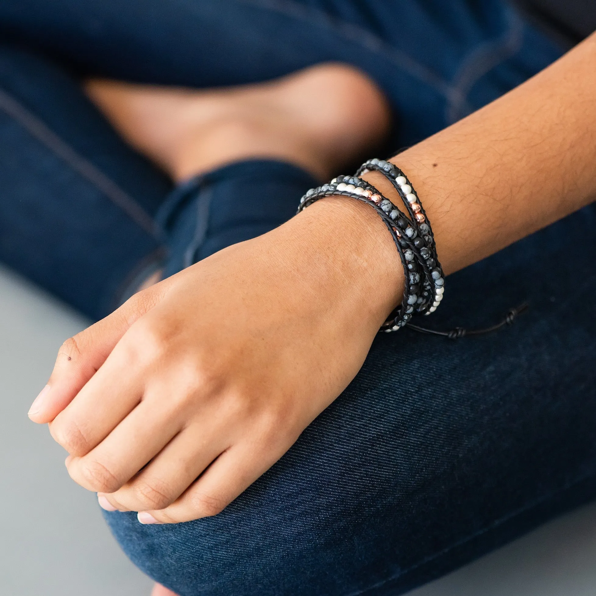 Modern Boho Mixed Jasper & Hematite Black Leather Wrap Bracelet