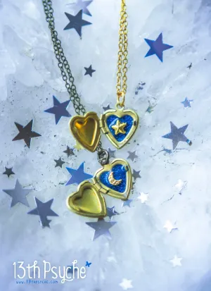 Moon and Stars Heart locket pendant necklace