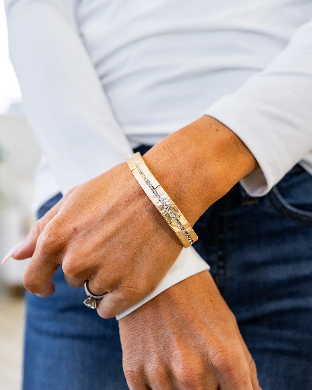 NEW! Gold Hammered Stretch Bracelet with Rhinestones