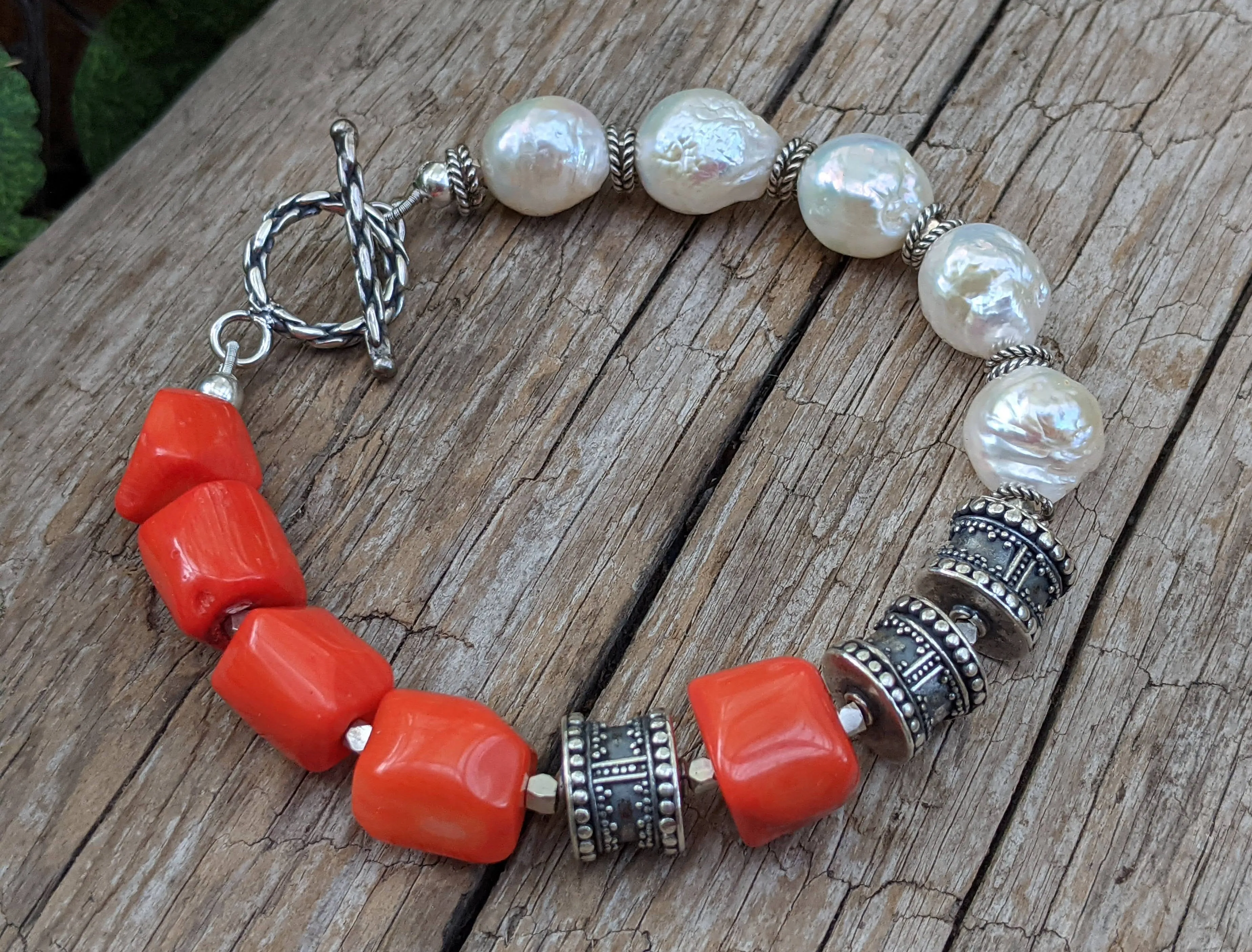 Orange Coral & White Edison Pearl Bracelet