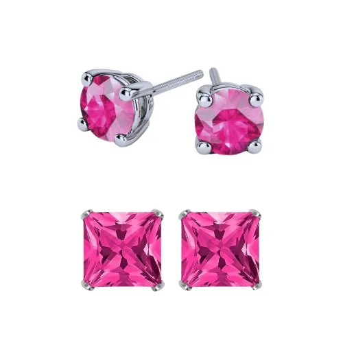 Paris Jewelry 18k White Gold 2 Pair Created Pink Sapphire 4mm Round & Princess Cut Stud Earrings Plated