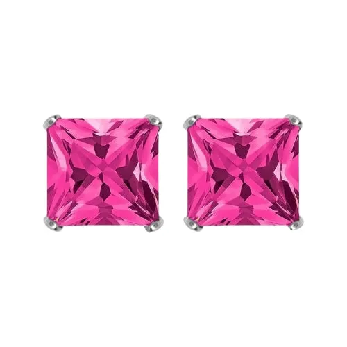 Paris Jewelry 18k White Gold 2 Pair Created Pink Sapphire 4mm Round & Princess Cut Stud Earrings Plated