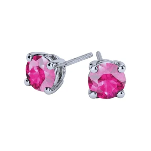 Paris Jewelry 18k White Gold 2 Pair Created Pink Sapphire 4mm Round & Princess Cut Stud Earrings Plated