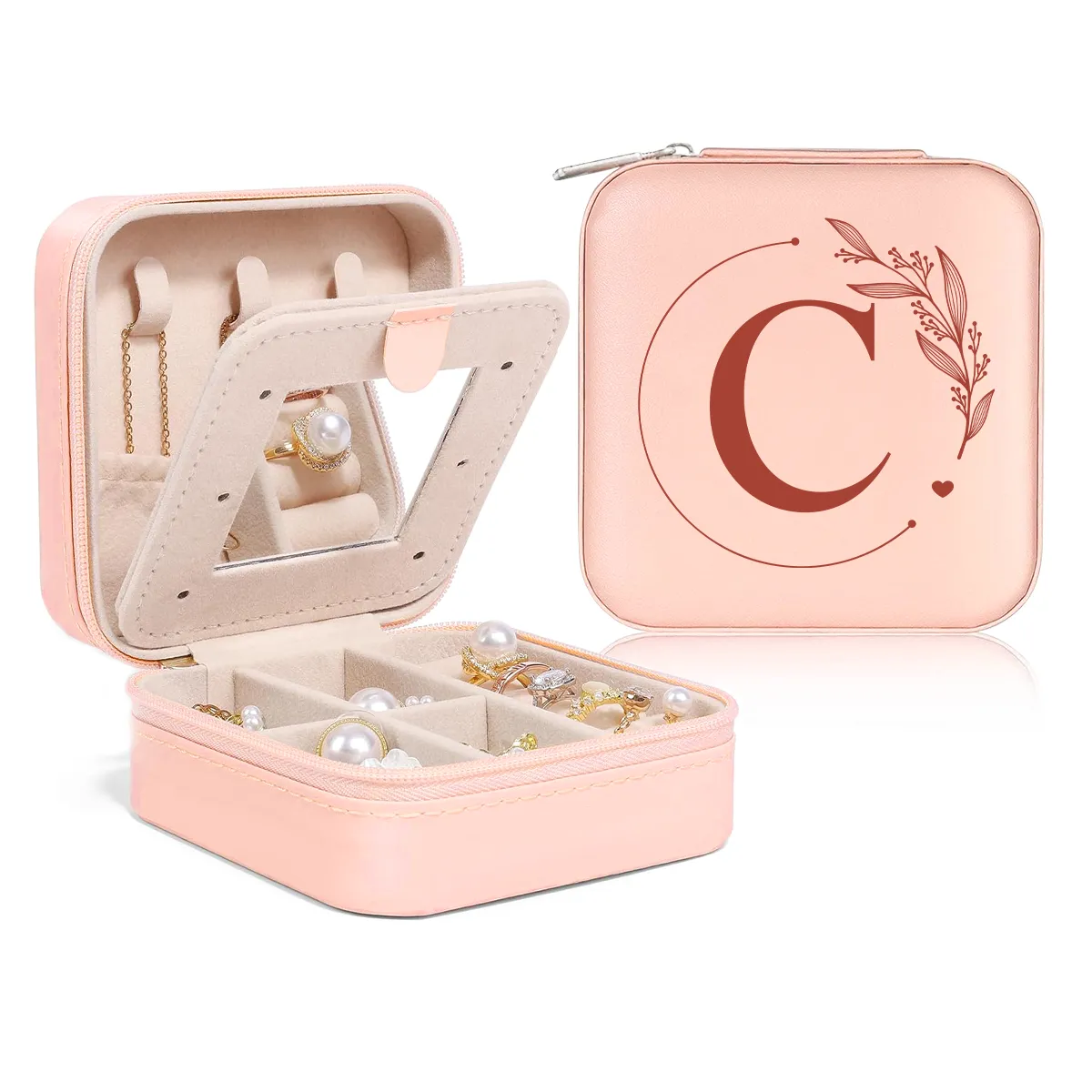 Personalized Jewelry Box, Pink Small Travel Jewelry Box with Initial C, Monogrammed Jewelry Case Organizer for Girls Women Teen, Mini Travel Essentials Gifts for Christmas Birthday