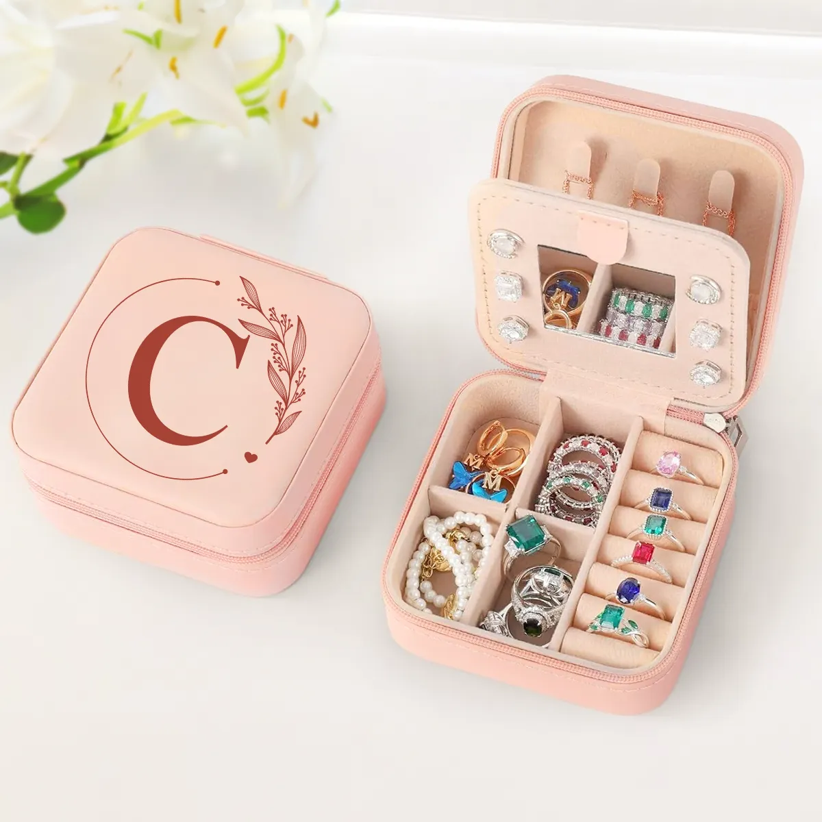 Personalized Jewelry Box, Pink Small Travel Jewelry Box with Initial C, Monogrammed Jewelry Case Organizer for Girls Women Teen, Mini Travel Essentials Gifts for Christmas Birthday