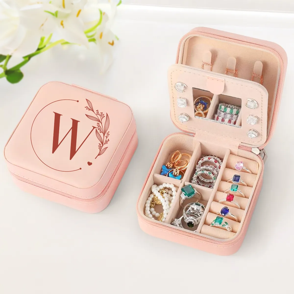 Personalized Jewelry Box, Pink Small Travel Jewelry Box with Initial W, Monogrammed Jewelry Case Organizer for Girls Women Teen, Mini Travel Essentials Gifts for Christmas Birthday