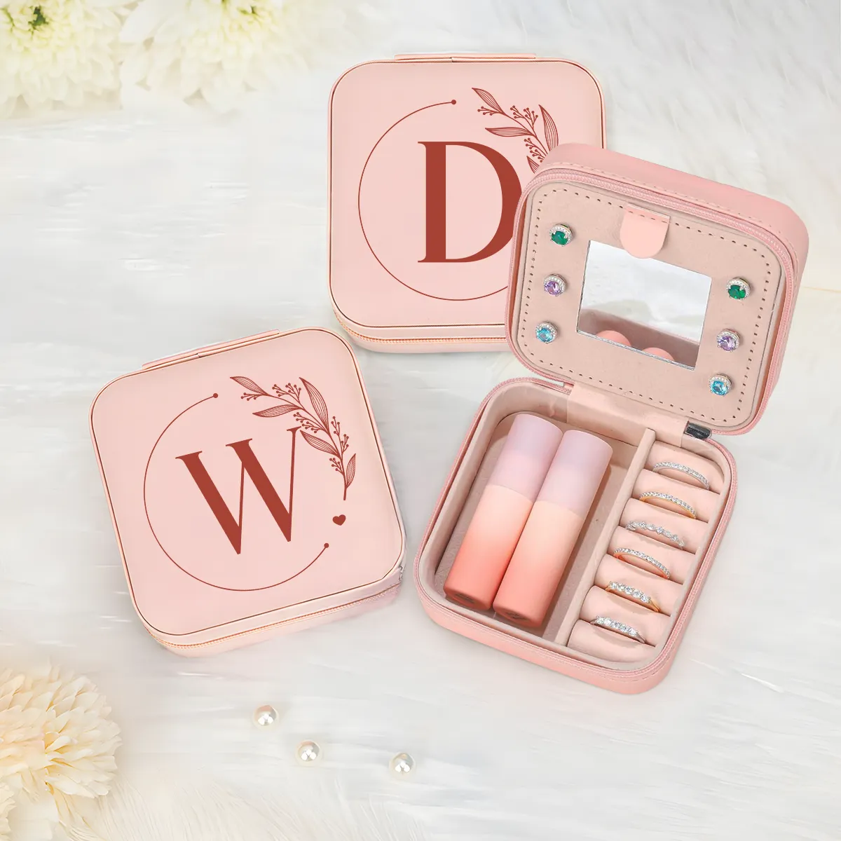 Personalized Jewelry Box, Pink Small Travel Jewelry Box with Initial W, Monogrammed Jewelry Case Organizer for Girls Women Teen, Mini Travel Essentials Gifts for Christmas Birthday