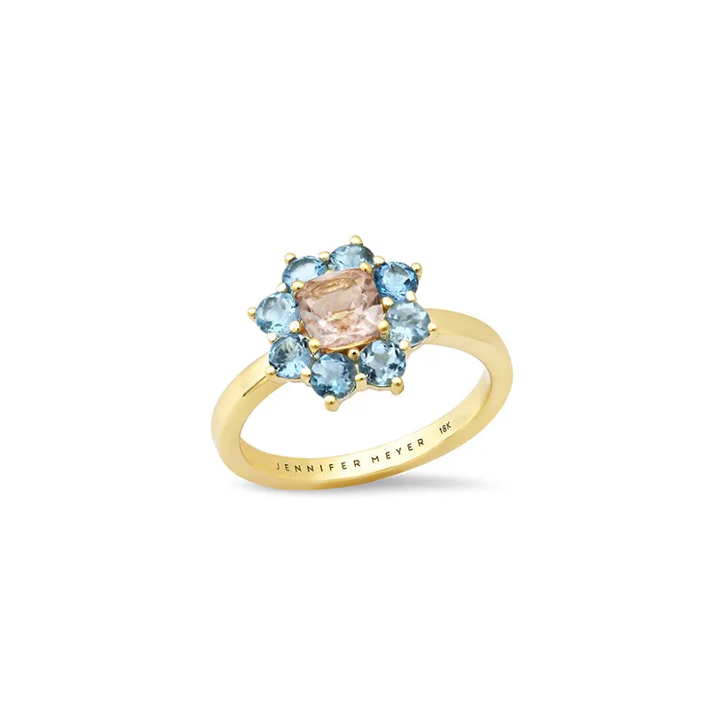 Petite Statement Aquamarine Flower Ring with Morganite Center