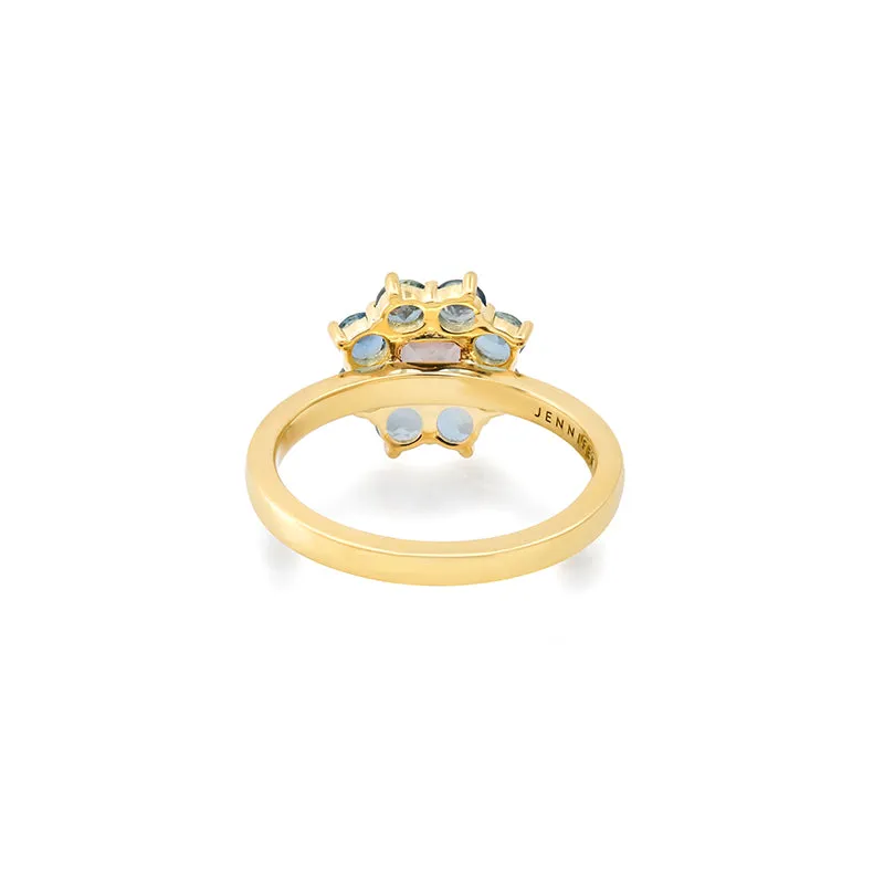 Petite Statement Aquamarine Flower Ring with Morganite Center