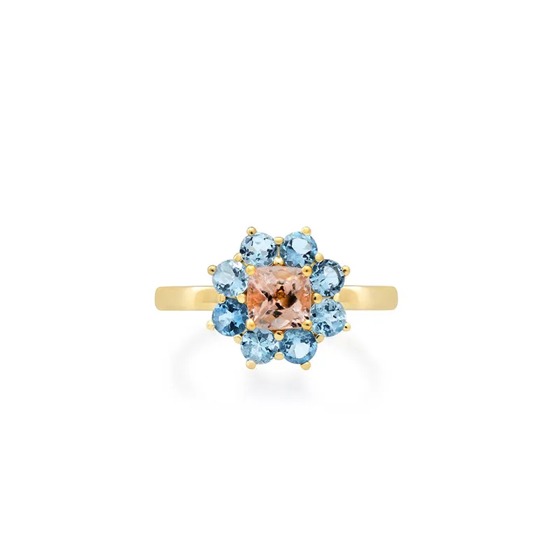 Petite Statement Aquamarine Flower Ring with Morganite Center