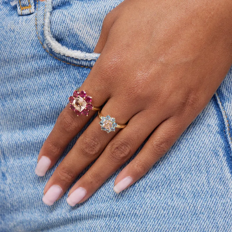 Petite Statement Aquamarine Flower Ring with Morganite Center