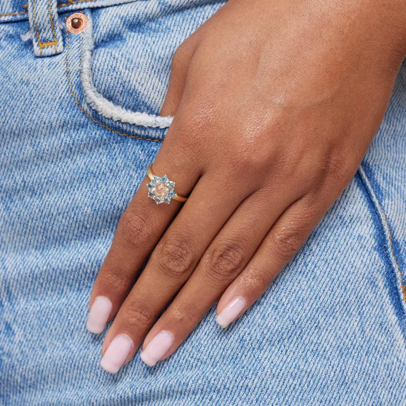 Petite Statement Aquamarine Flower Ring with Morganite Center