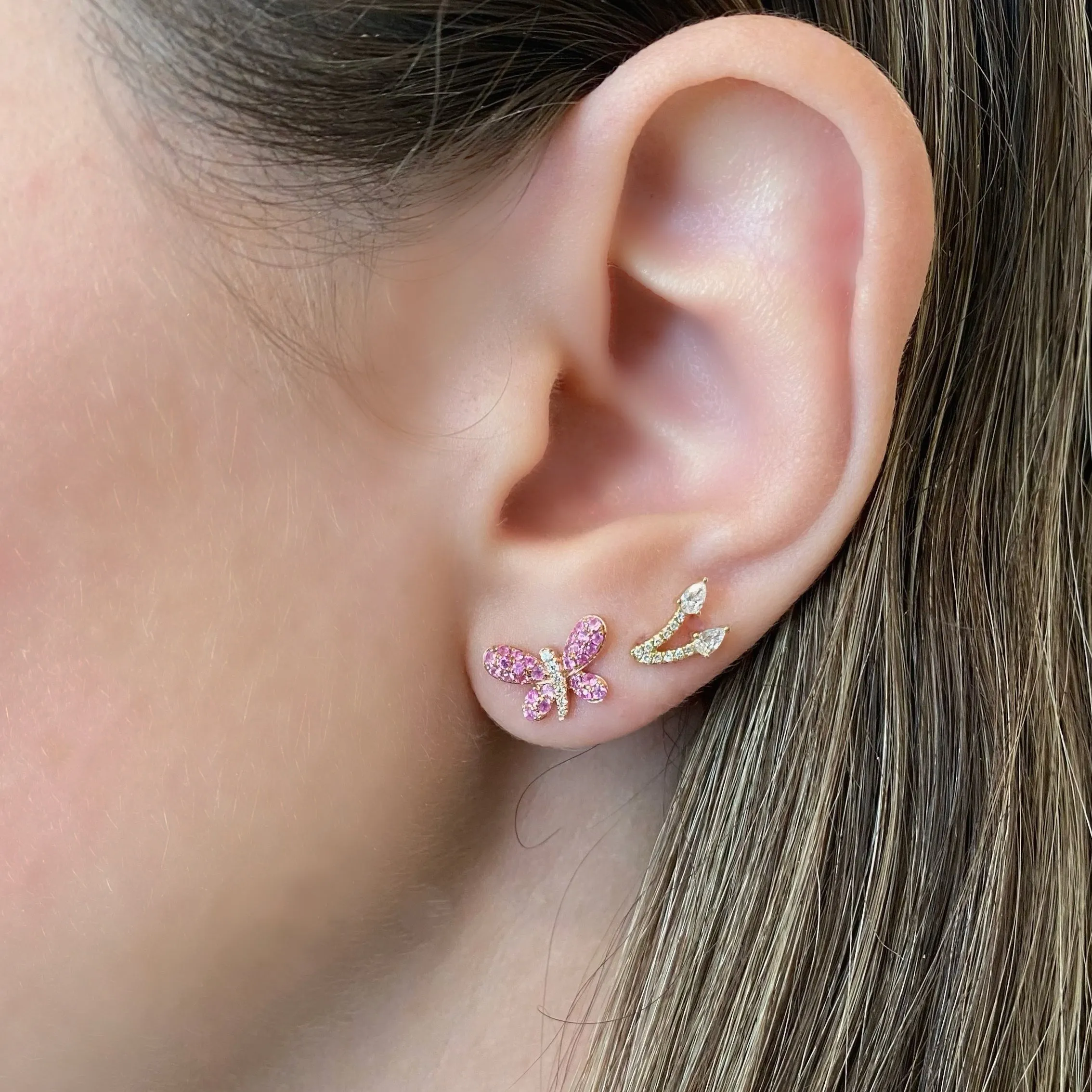 Pink Sapphire & Diamond Butterfly Stud Earrings