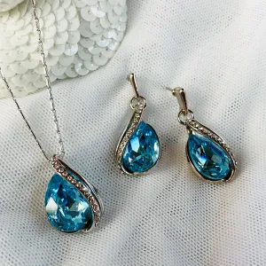 Platinum Plated Aquamarine Crystal Pendant & Earring Set