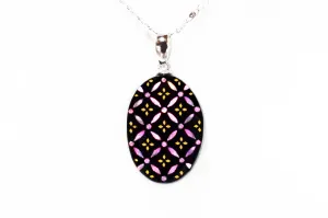 Raden Pendant Necklace - Shippo (Interlocking Circles Pattern) with 24k Gold Flower Accents / Pink Color / Small Size-, Japanese Lacquer Jewelry, Kyoto Jewelry