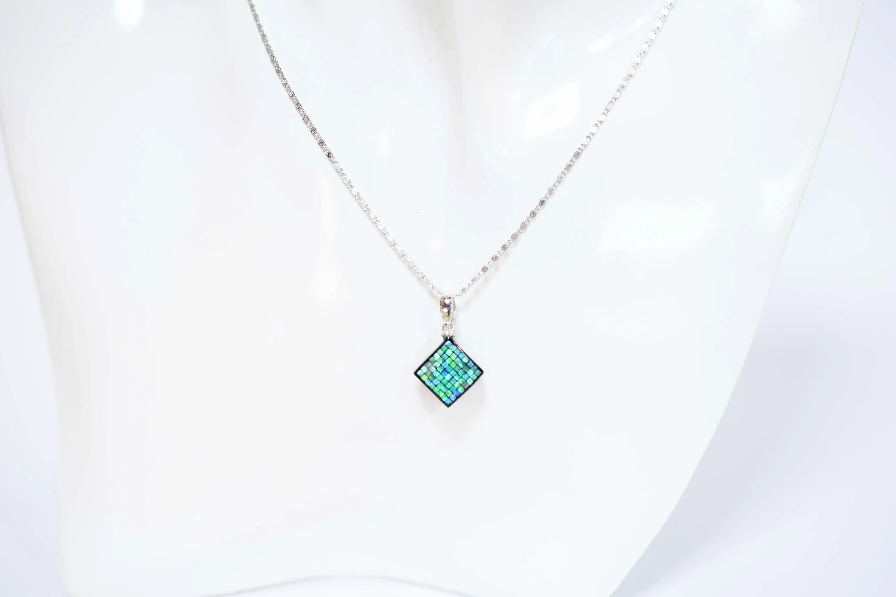 Raden Pendant Necklace - Square / Green Color / Small Size-, Japanese Lacquer Jewelry, Kyoto Jewelry