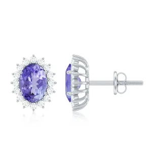 Real Oval Tanzanite and Diamond Halo Stud Earrings