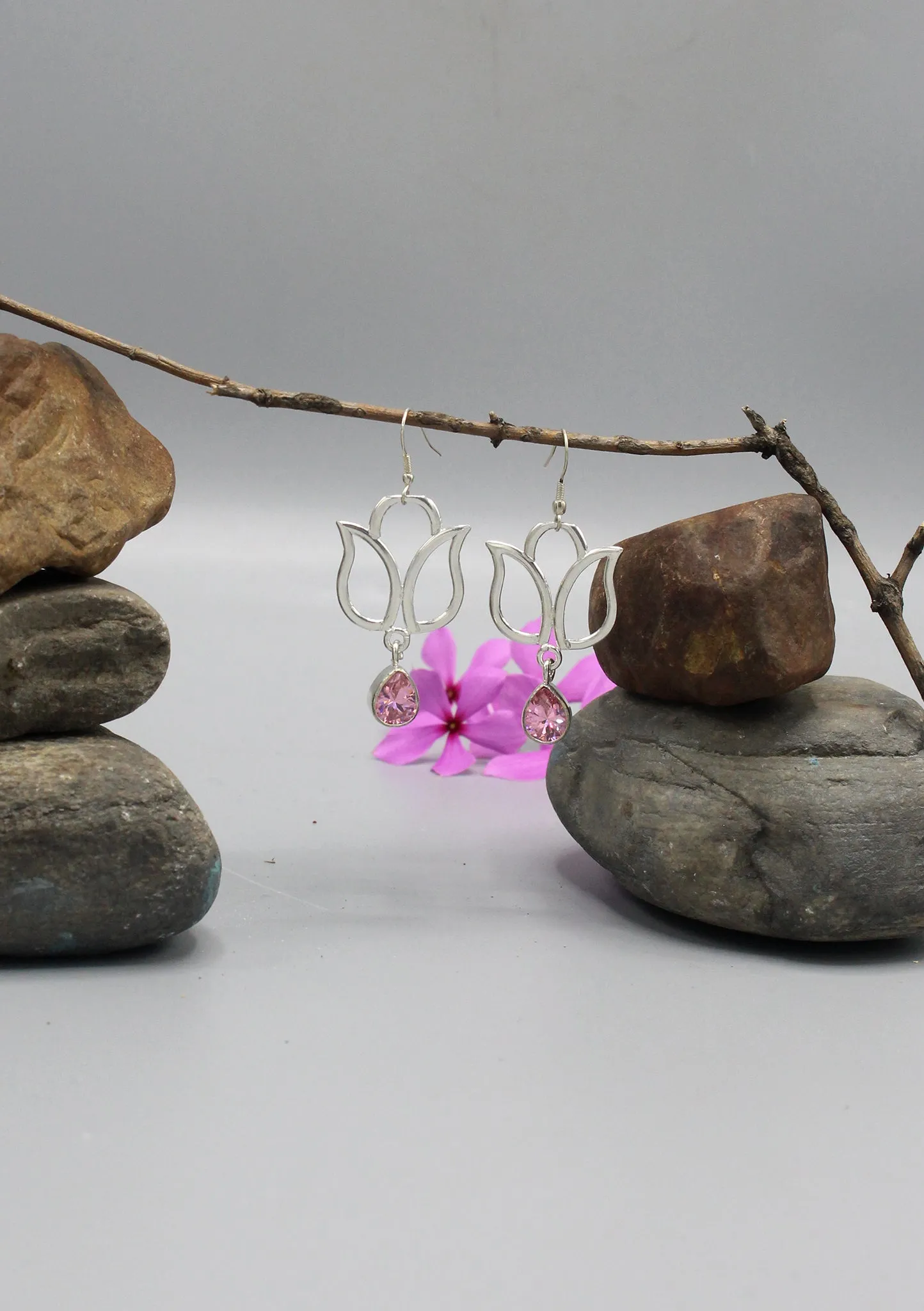 Rose Quartz Teardrop Silver Plated Lotus Earrings