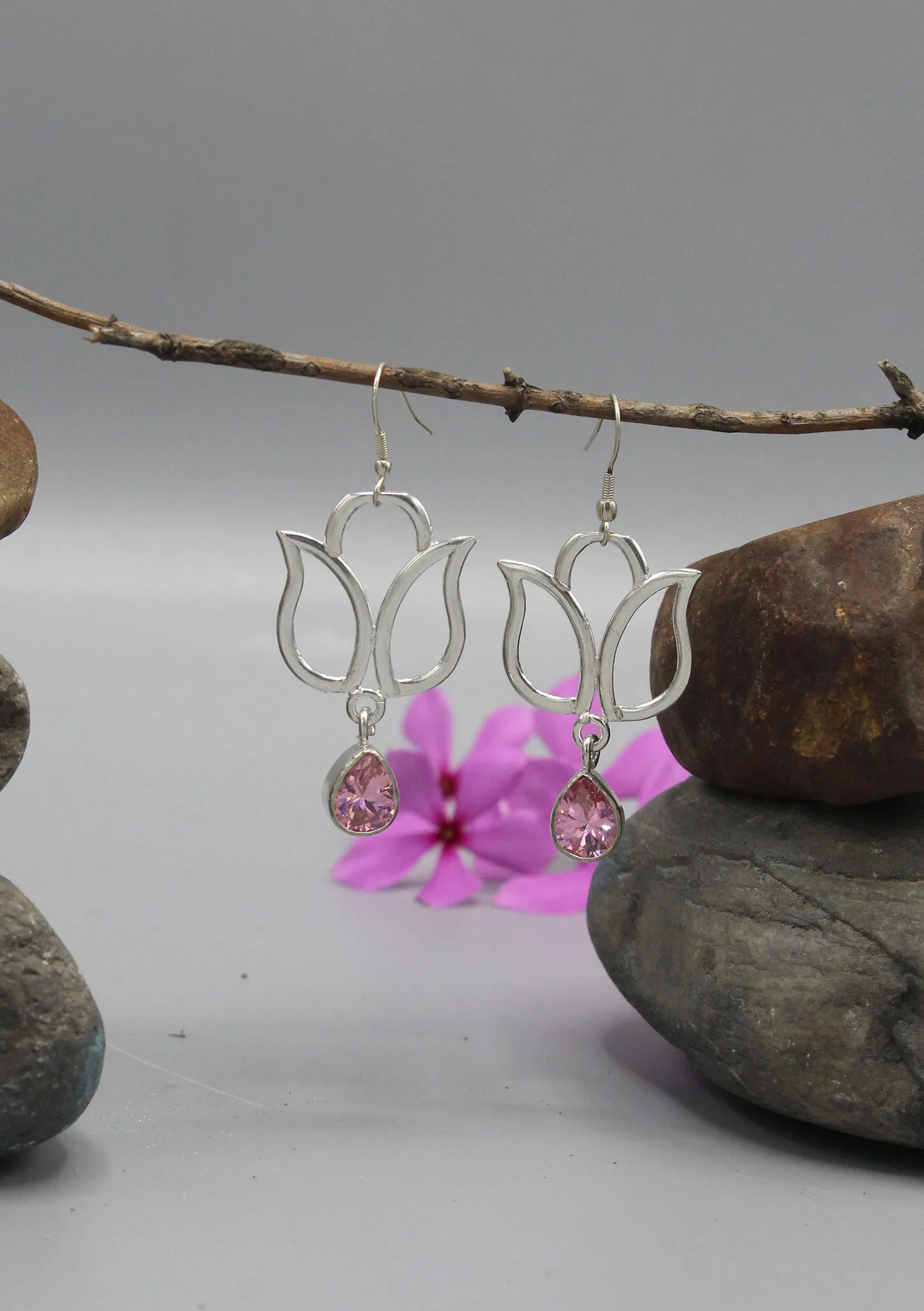 Rose Quartz Teardrop Silver Plated Lotus Earrings