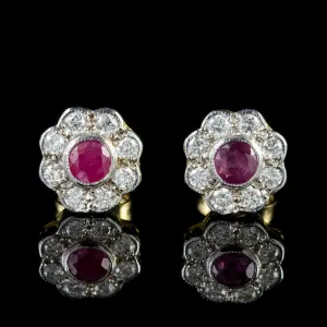 Ruby Diamond Cluster Stud Earrings 18Ct Gold