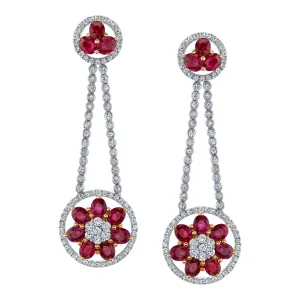 Ruby Diamond Gold Flower Cluster Flexible Dangle Earrings