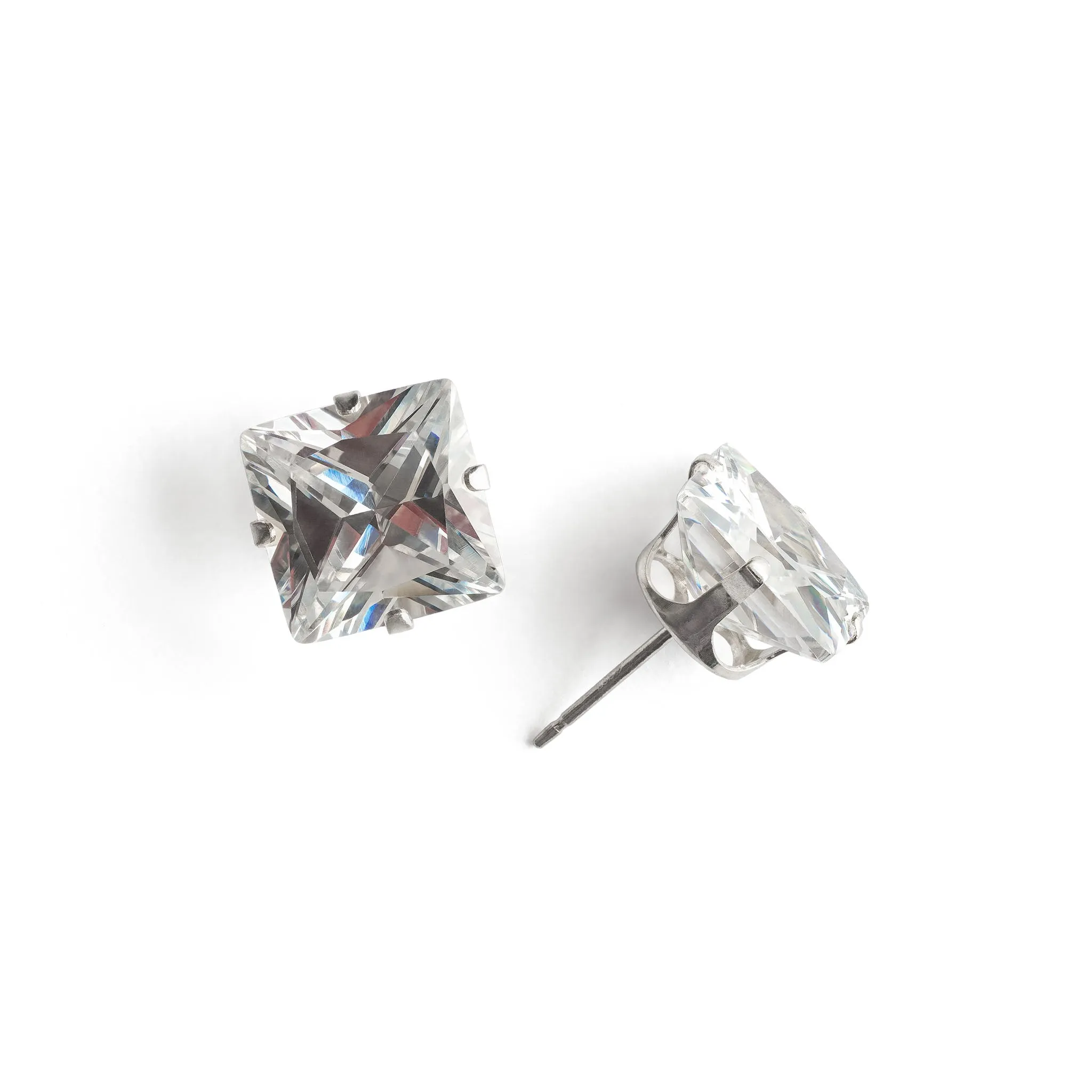 Silver Stud Earrings 10mm Square Crystal