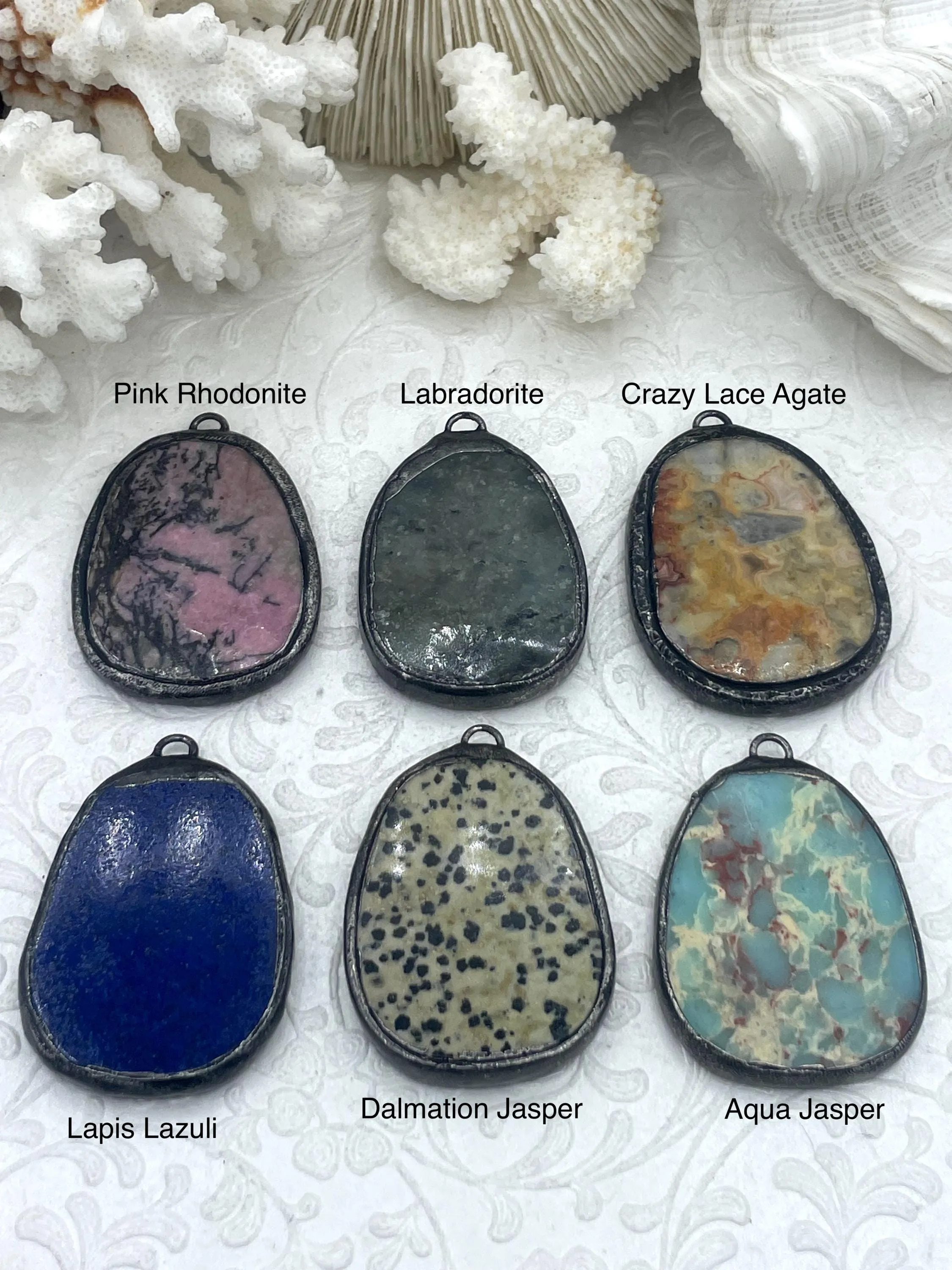 Soldered Natural Stone Pendants, Oval Stone Pendants with Gunmetal Soldering, Comes in 6 Different Natural Stone Varieties, Fast Ship.