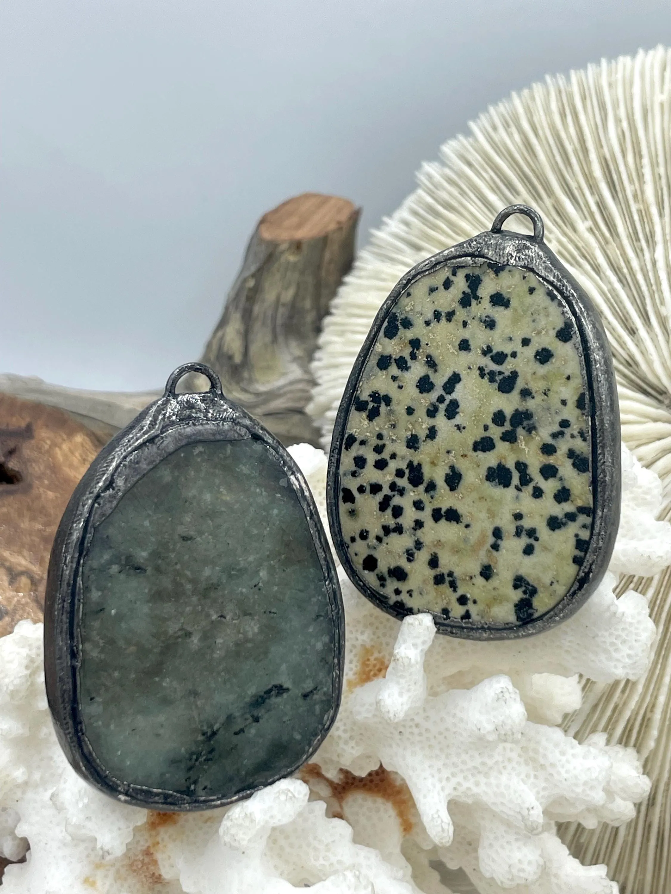 Soldered Natural Stone Pendants, Oval Stone Pendants with Gunmetal Soldering, Comes in 6 Different Natural Stone Varieties, Fast Ship.