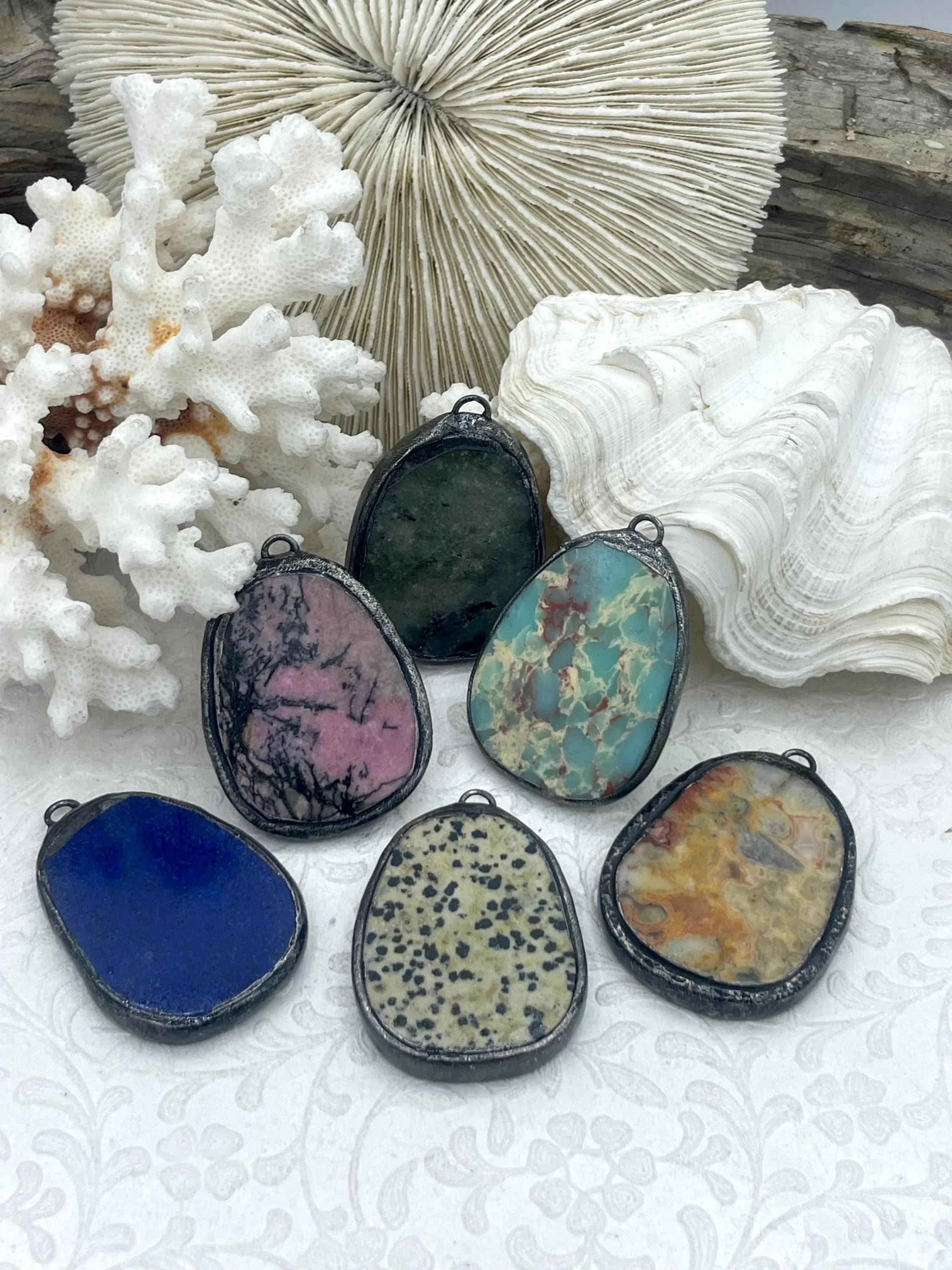 Soldered Natural Stone Pendants, Oval Stone Pendants with Gunmetal Soldering, Comes in 6 Different Natural Stone Varieties, Fast Ship.