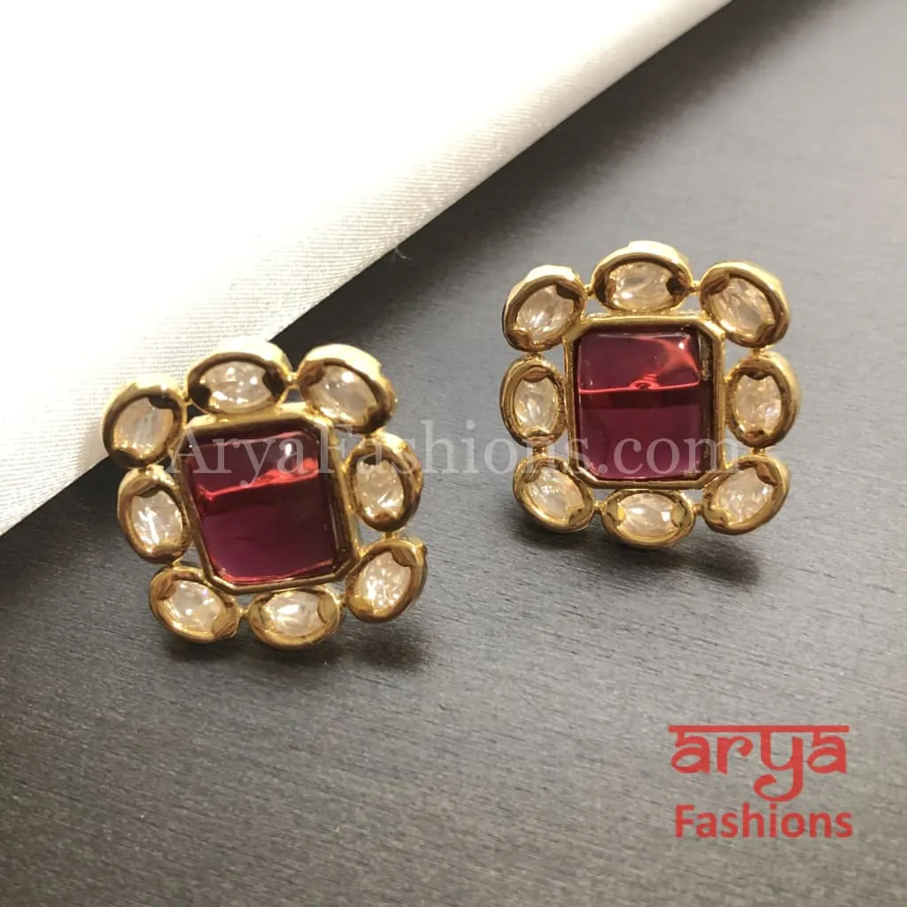 Square Kundan Stud Earrings with colored stones