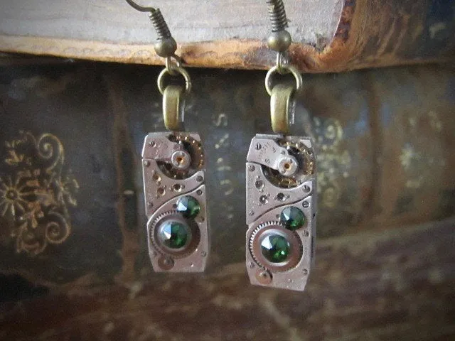 Steampunk - Emerald  - Steampunk Earrings - Repurposed art