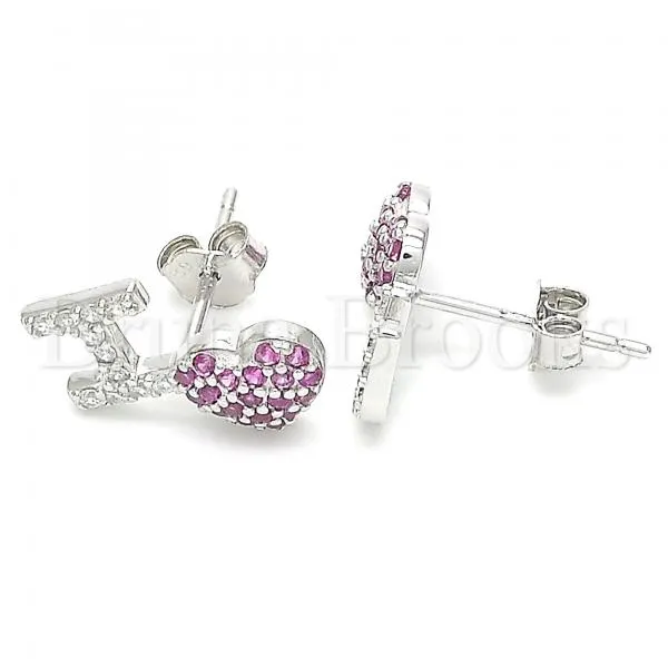 Sterling Silver 02.371.0001 Stud Earring, Heart Design, with Ruby and White Cubic Zirconia, Polished Finish, Rhodium Tone