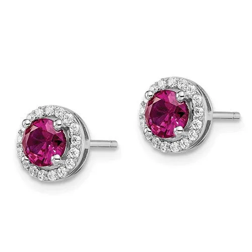 Sterling Silver White CZ & Created Ruby Brilliant Embers Halo Earrings