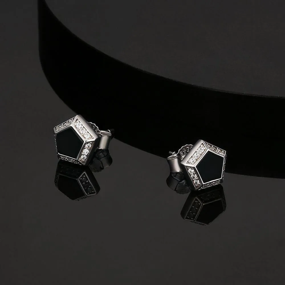 THE DARTH VADER® - Pentagon Black Diamond Stud Earrings in White Gold