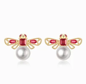 THIALH - FAUNA & FLORA - 18K Yellow Gold Bee Ruby and Diamond Akoya Pearl Stud Earrings