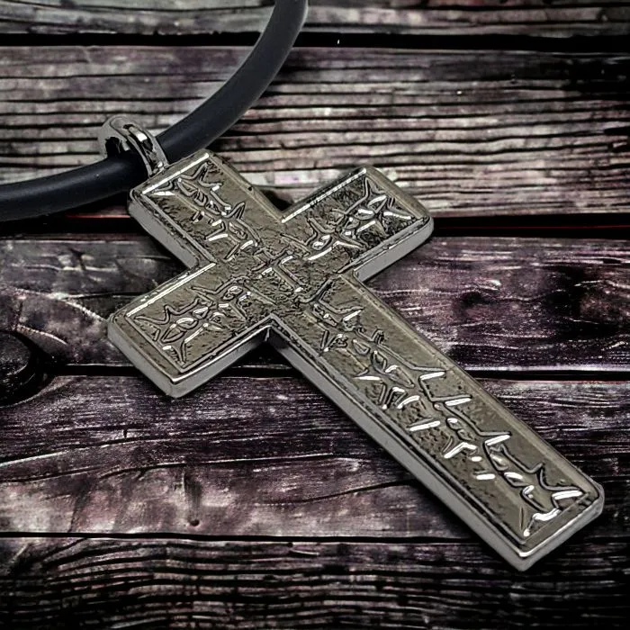 Thorns Cross Dark Metal Finish Pendant Black Cord Necklace